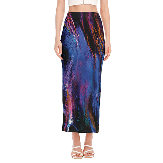 Dark Blue Horse Portrait Print Side Slit Maxi Skirt