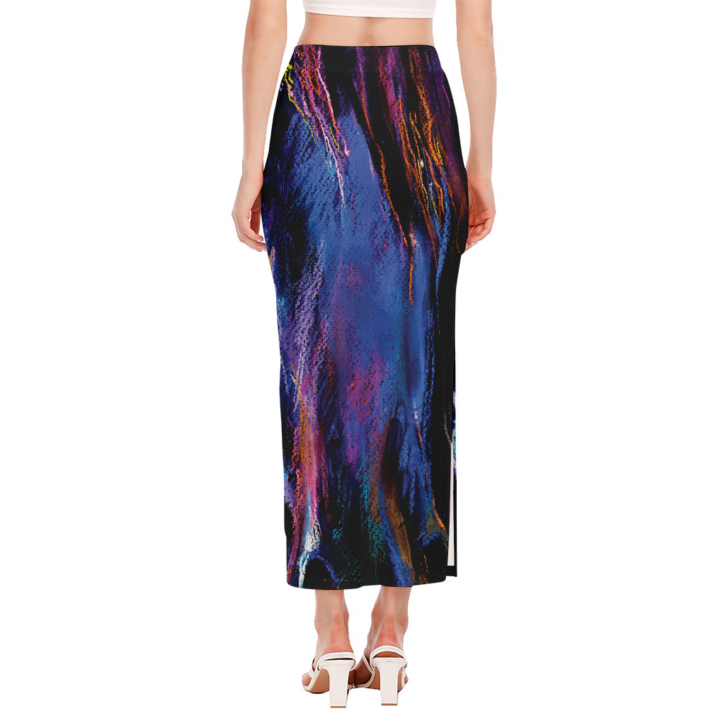 Dark Blue Horse Portrait Print Side Slit Maxi Skirt