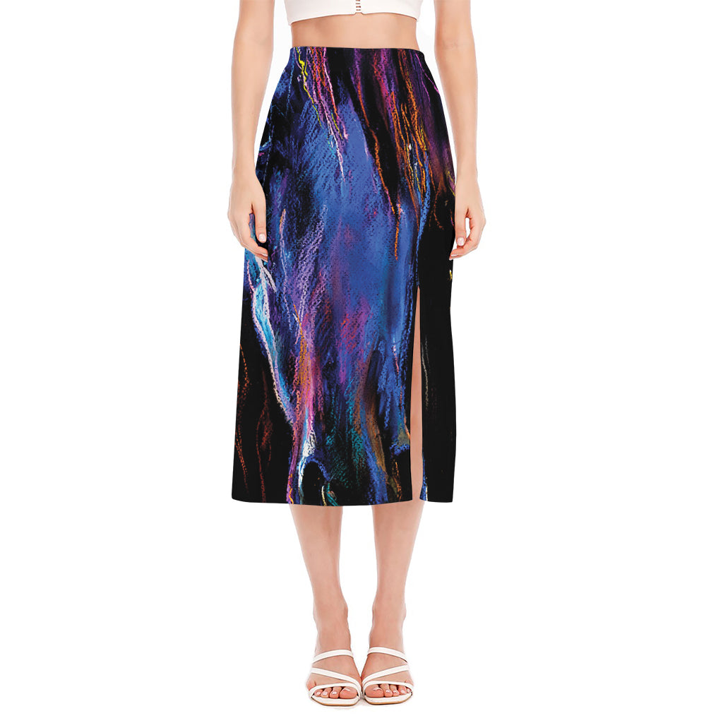 Dark Blue Horse Portrait Print Side Slit Midi Skirt