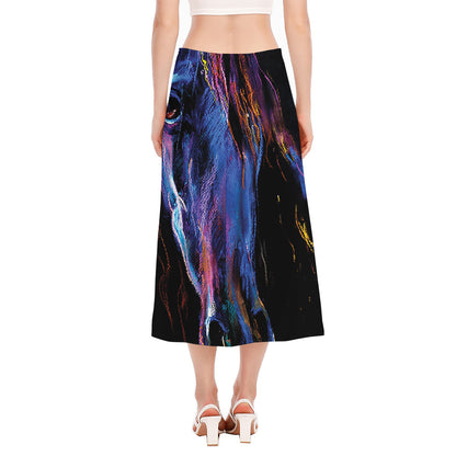 Dark Blue Horse Portrait Print Side Slit Midi Skirt