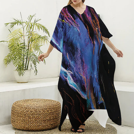 Dark Blue Horse Portrait Print Silk V-Neck Kaftan Dress