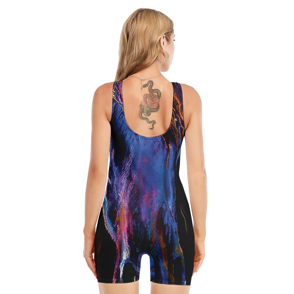 Dark Blue Horse Portrait Print Sleeveless One Piece Swimsuit