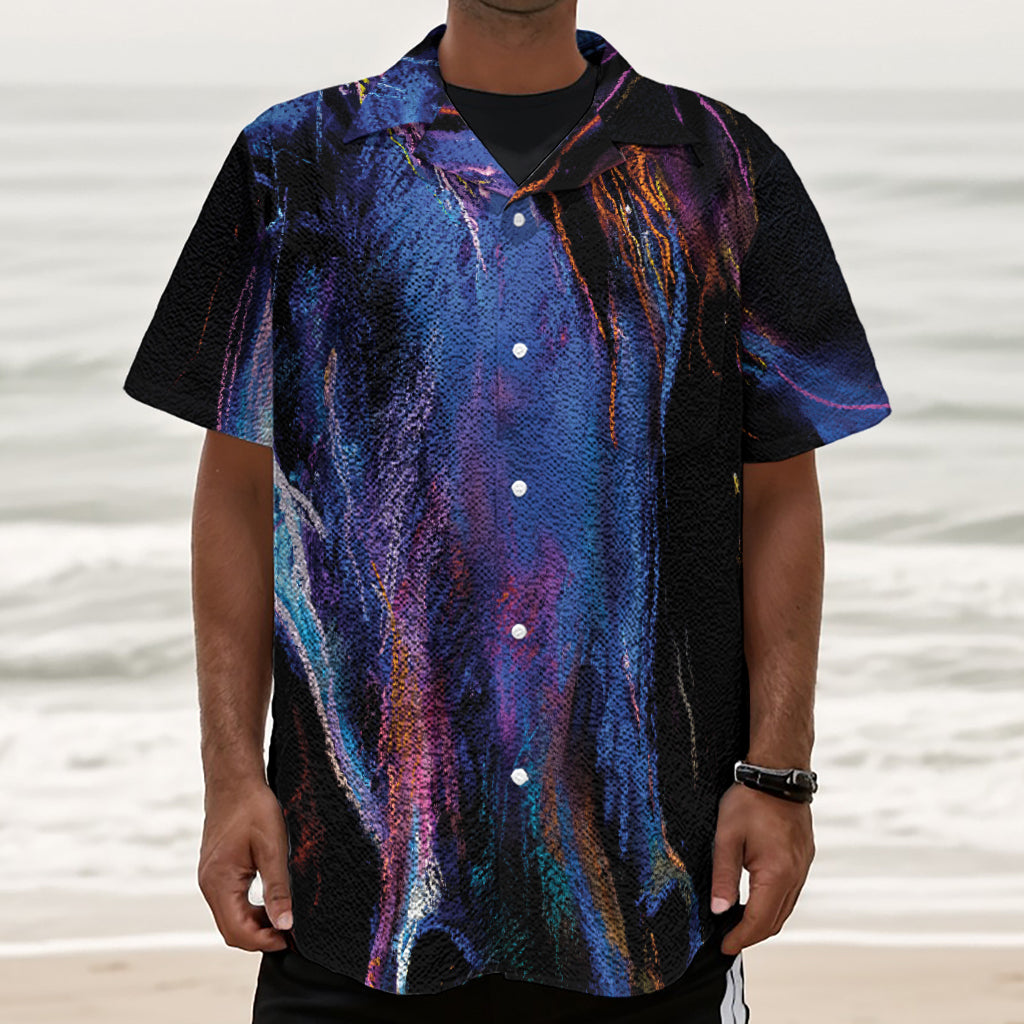 Dark Blue Horse Portrait Print Textured Short Sleeve Shirt