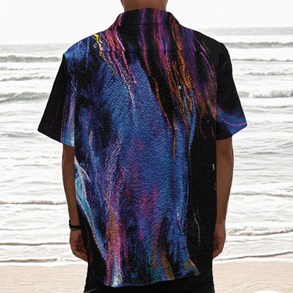 Dark Blue Horse Portrait Print Textured Short Sleeve Shirt