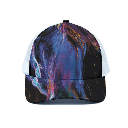 Dark Blue Horse Portrait Print White Mesh Trucker Cap