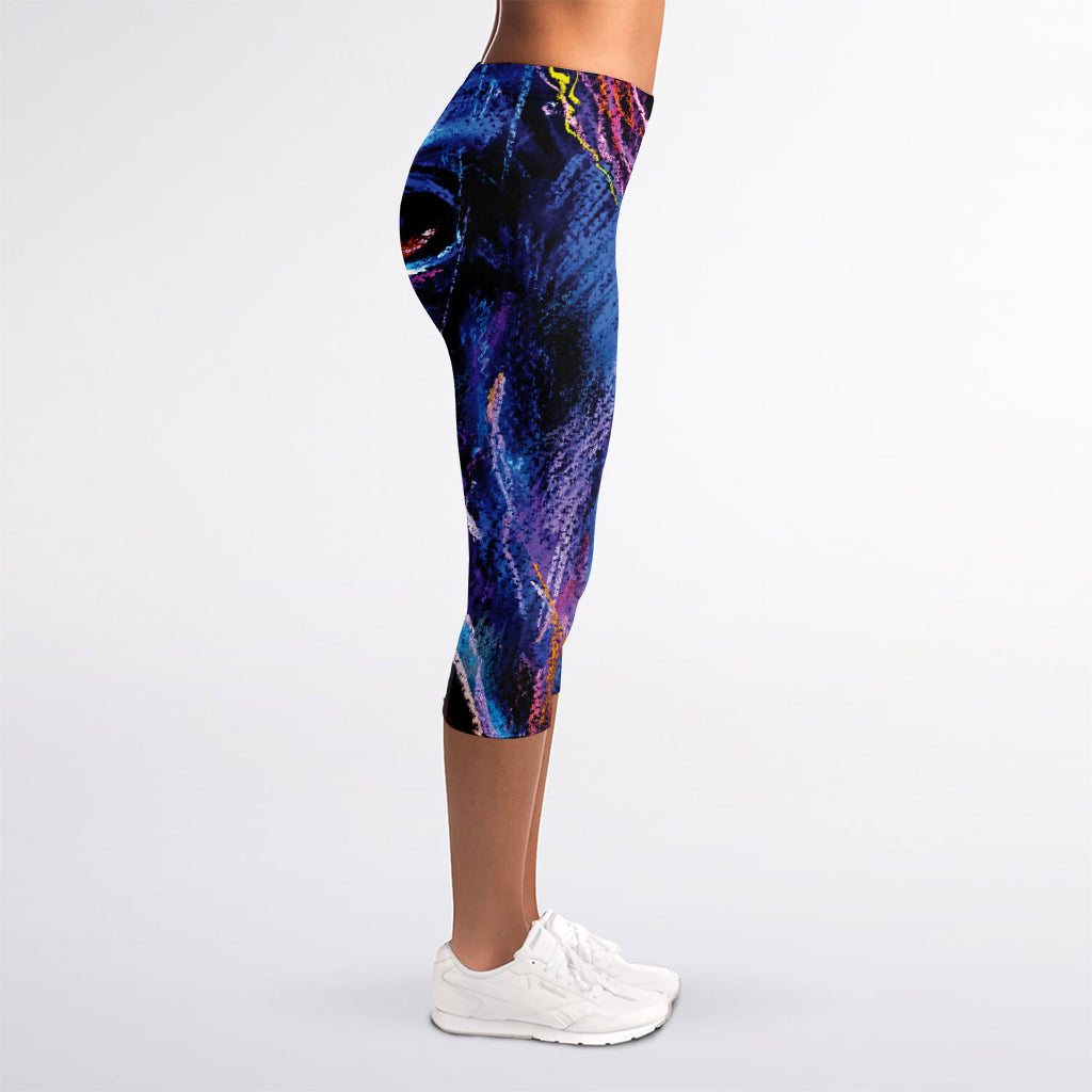 Dark Blue Horse Portrait Print Women's Capri Leggings