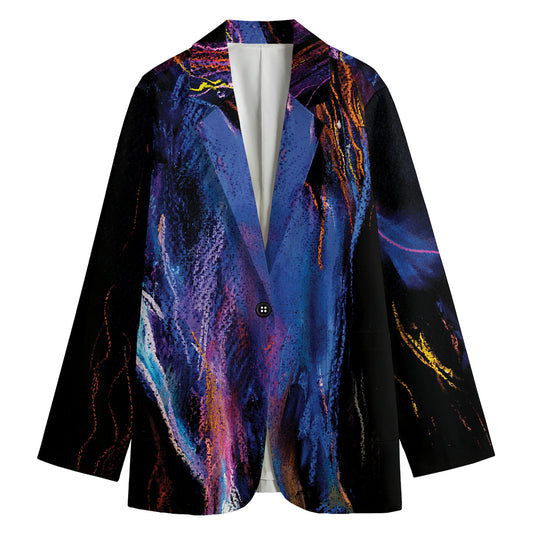 Dark Blue Horse Portrait Print Women's Cotton Blazer