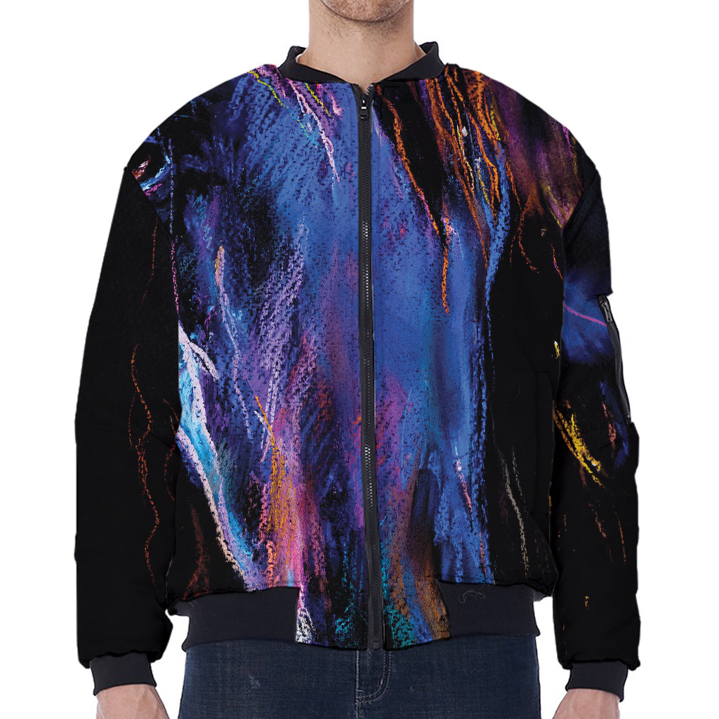 Dark Blue Horse Portrait Print Zip Sleeve Bomber Jacket