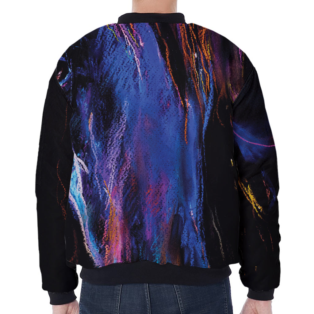 Dark Blue Horse Portrait Print Zip Sleeve Bomber Jacket