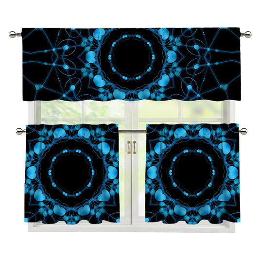 Dark Blue Kaleidoscope Print 3 Piece Kitchen Curtains