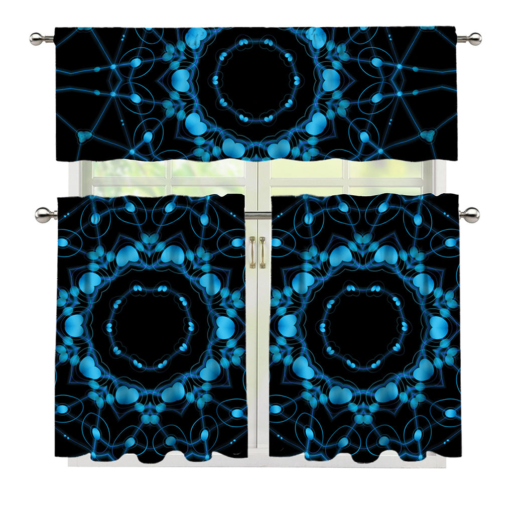 Dark Blue Kaleidoscope Print 3 Piece Kitchen Curtains