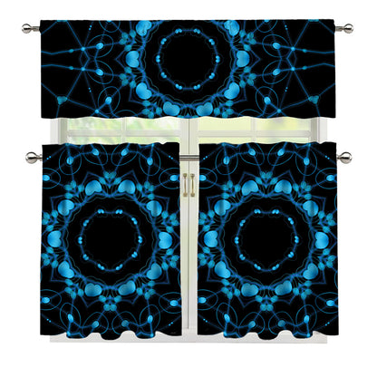 Dark Blue Kaleidoscope Print 3 Piece Kitchen Curtains