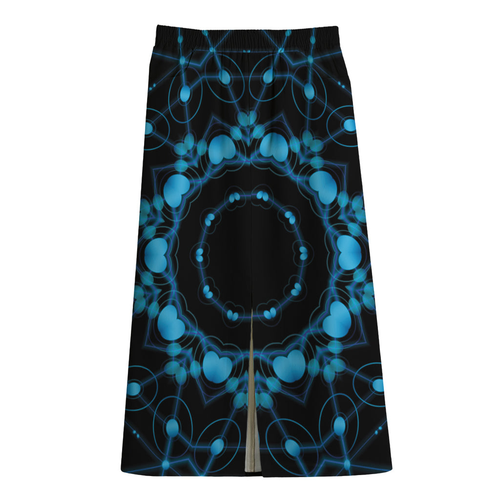 Dark Blue Kaleidoscope Print Cotton Front Slit Maxi Skirt
