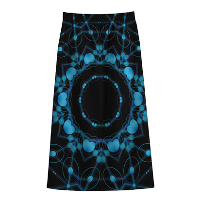 Dark Blue Kaleidoscope Print Cotton Front Slit Maxi Skirt