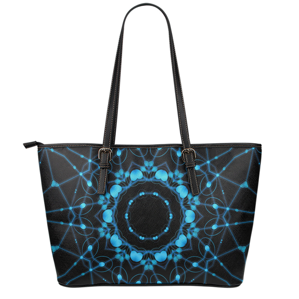 Dark Blue Kaleidoscope Print Leather Tote Bag