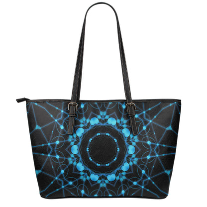 Dark Blue Kaleidoscope Print Leather Tote Bag