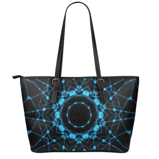 Dark Blue Kaleidoscope Print Leather Tote Bag