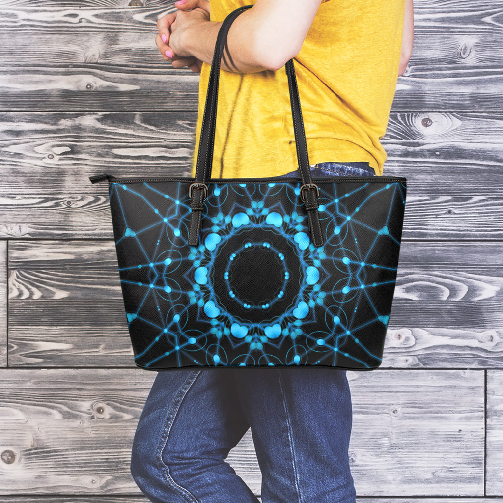 Dark Blue Kaleidoscope Print Leather Tote Bag