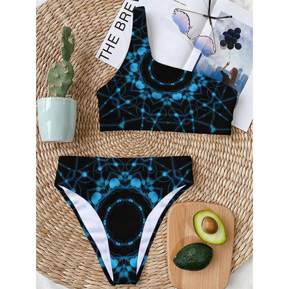 Dark Blue Kaleidoscope Print One Shoulder Bikini Top