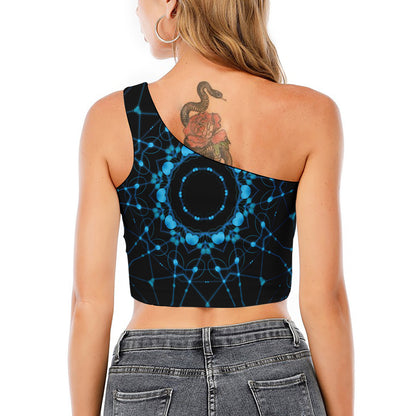 Dark Blue Kaleidoscope Print One Shoulder Crop Top