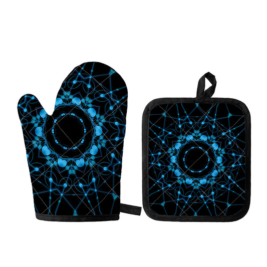 Dark Blue Kaleidoscope Print Oven Mitt And Pot Holder Set