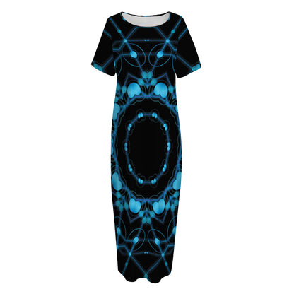 Dark Blue Kaleidoscope Print Short Sleeve Long Nightdress