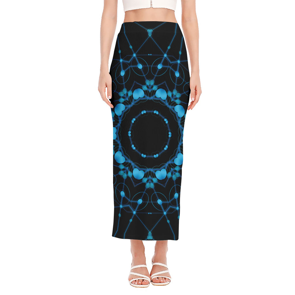 Dark Blue Kaleidoscope Print Side Slit Maxi Skirt