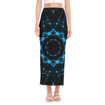 Dark Blue Kaleidoscope Print Side Slit Maxi Skirt