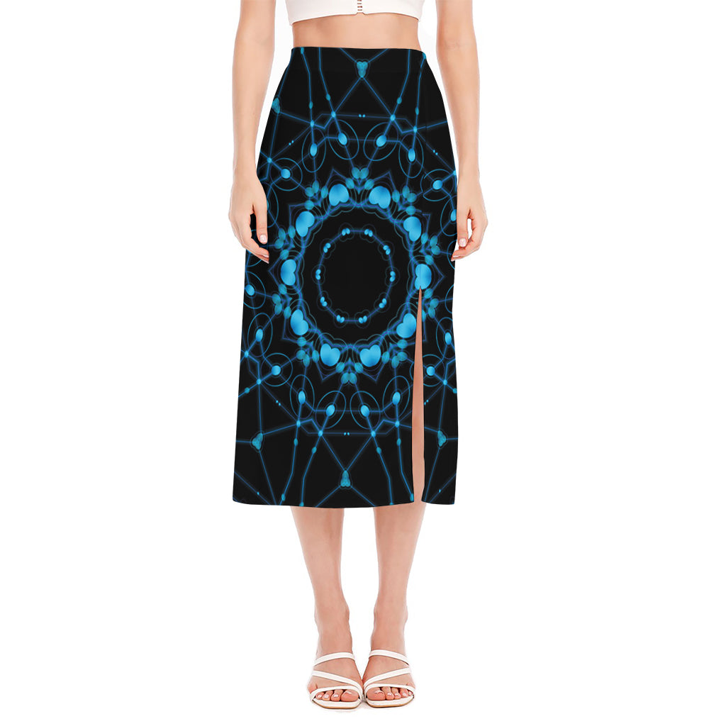Dark Blue Kaleidoscope Print Side Slit Midi Skirt