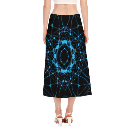 Dark Blue Kaleidoscope Print Side Slit Midi Skirt