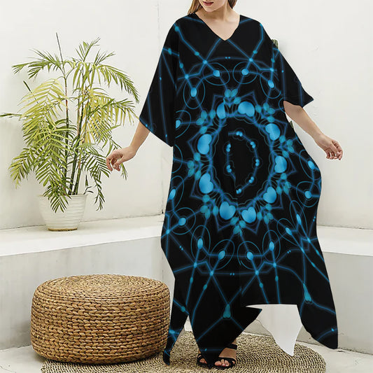 Dark Blue Kaleidoscope Print Silk V-Neck Kaftan Dress