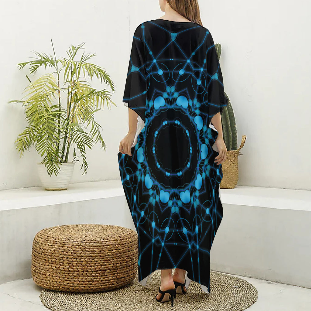 Dark Blue Kaleidoscope Print Silk V-Neck Kaftan Dress