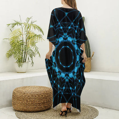 Dark Blue Kaleidoscope Print Silk V-Neck Kaftan Dress