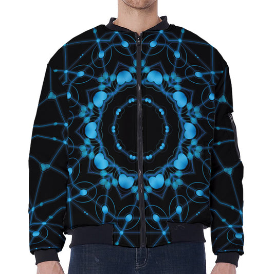 Dark Blue Kaleidoscope Print Zip Sleeve Bomber Jacket