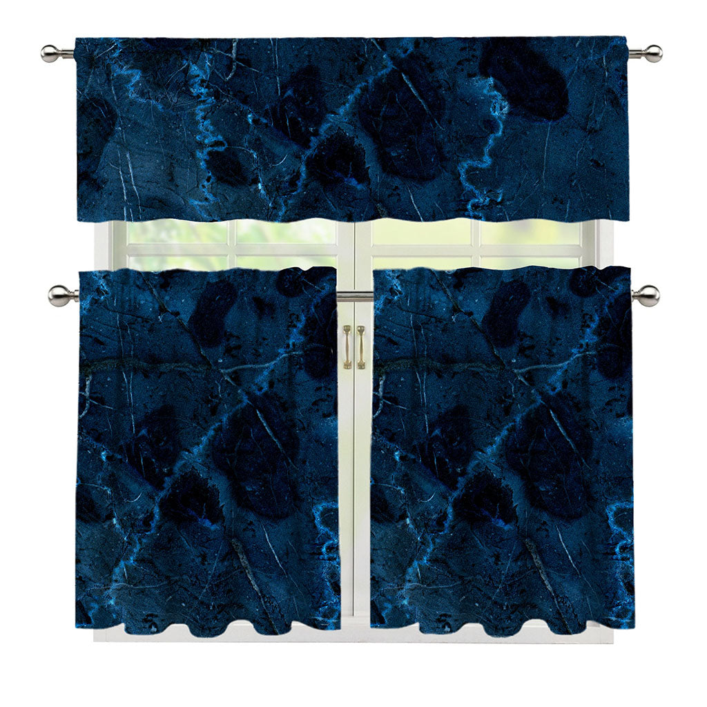 Dark Blue Marble Print 3 Piece Kitchen Curtains