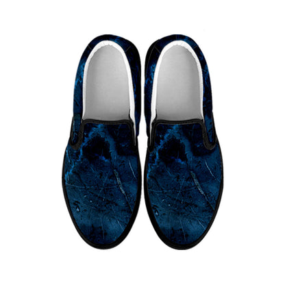 Dark Blue Marble Print Black Slip On Sneakers