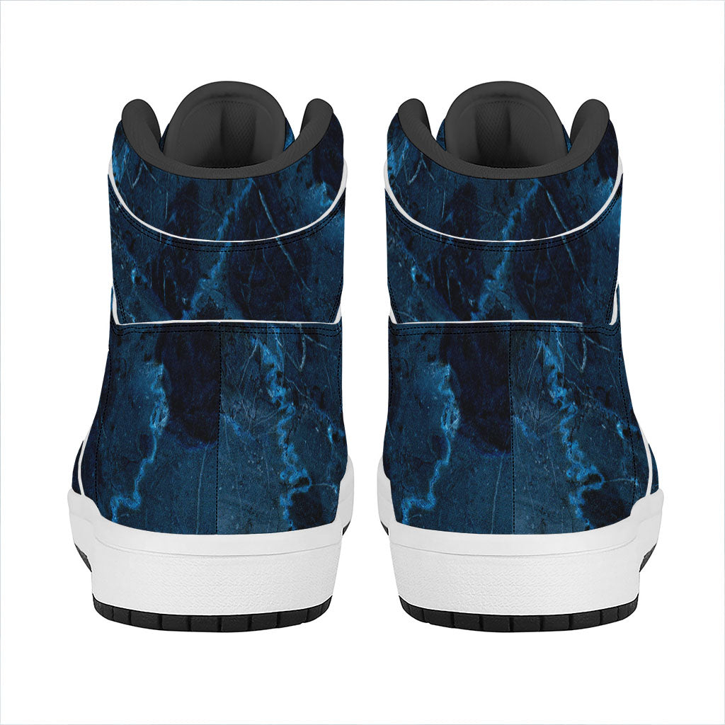 Dark Blue Marble Print High Top Leather Sneakers
