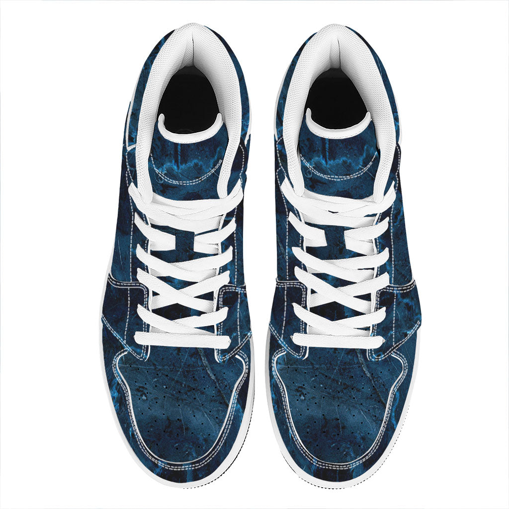 Dark Blue Marble Print High Top Leather Sneakers