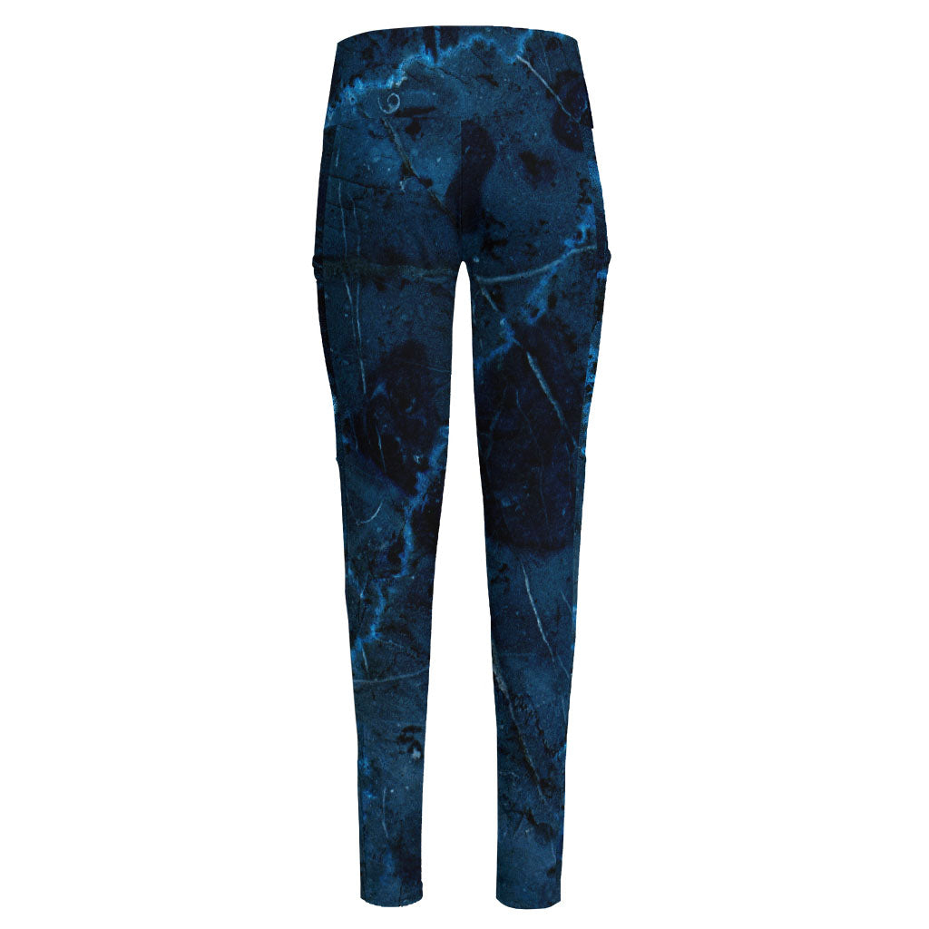 Dark Blue Marble Print High-Waisted Pocket Leggings