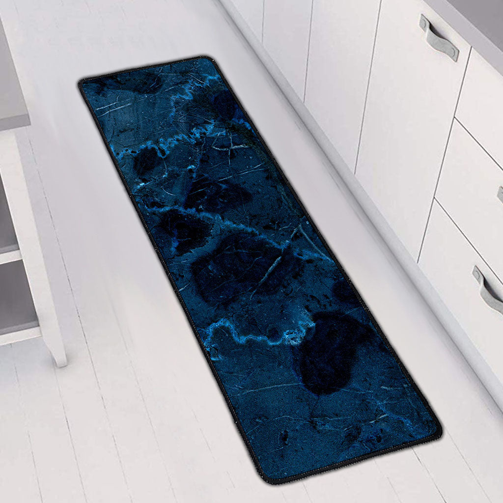 Dark Blue Marble Print Long Kitchen Mat