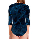 Dark Blue Marble Print Long Sleeve Swimsuit