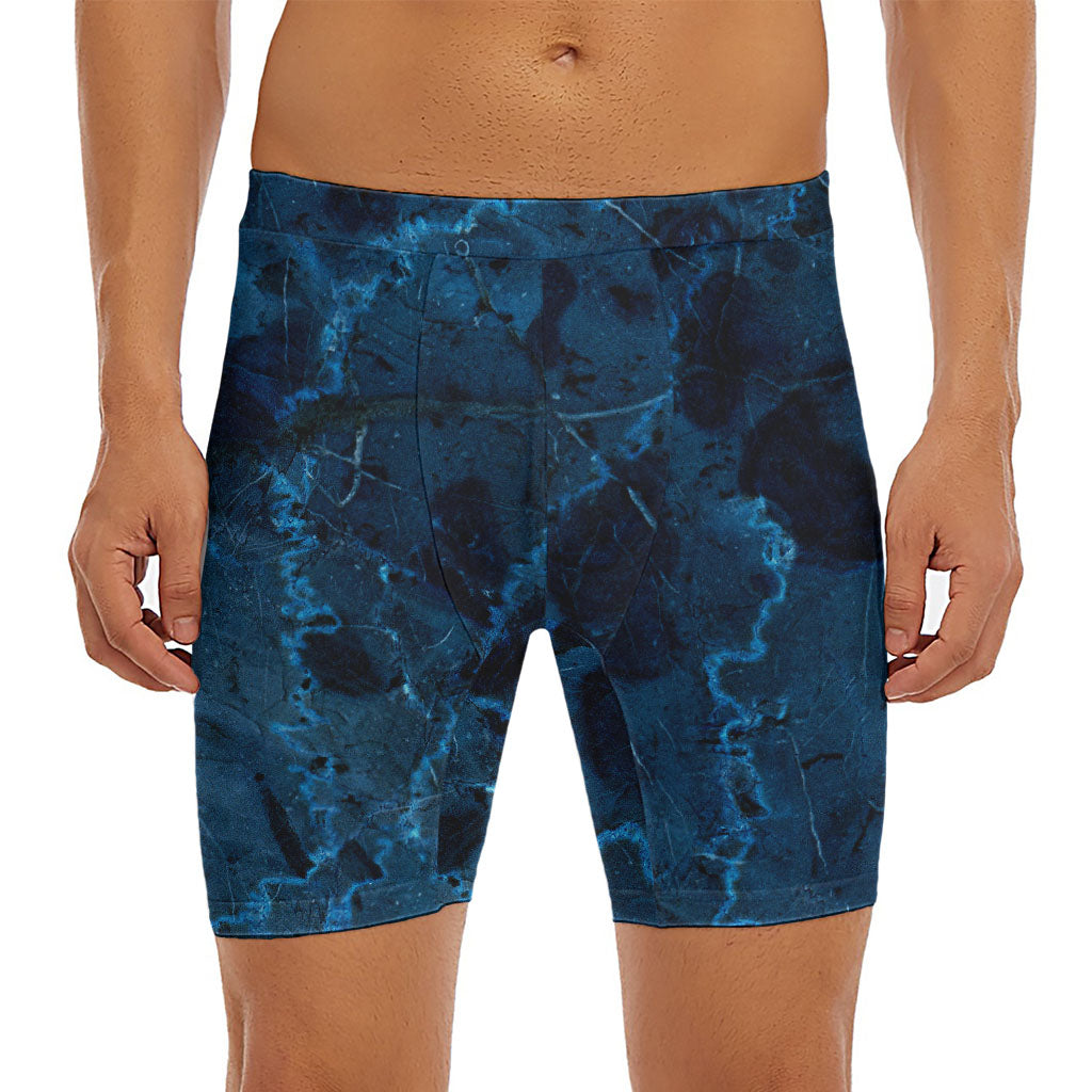 Dark Blue Marble Print Men's Long Boxer Briefs