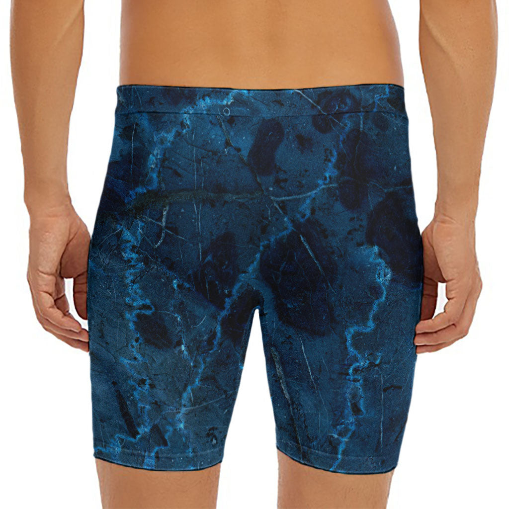 Dark Blue Marble Print Men's Long Boxer Briefs