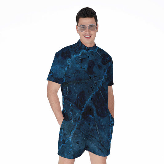Dark Blue Marble Print Men's Rompers