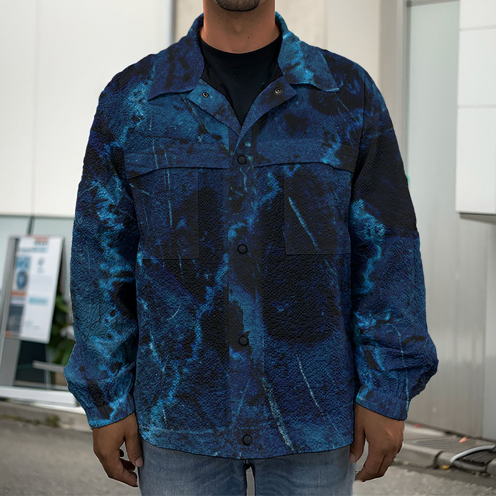Dark Blue Marble Print Men's Shirt Jacket