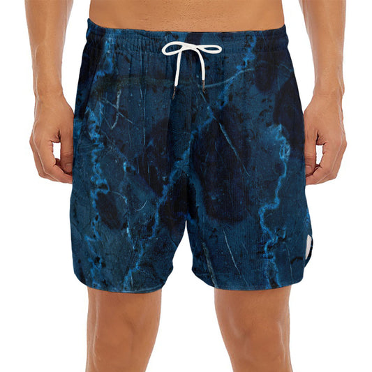 Dark Blue Marble Print Men's Split Running Shorts