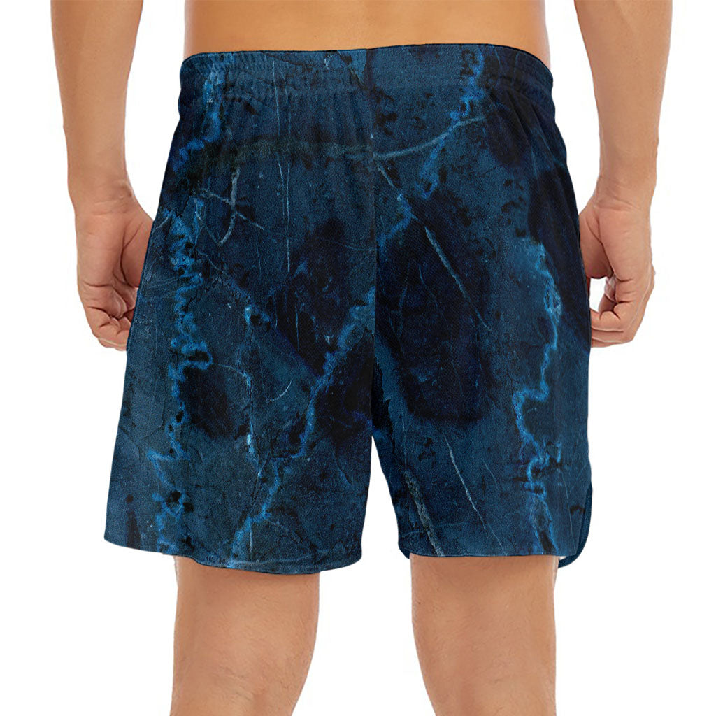 Dark Blue Marble Print Men's Split Running Shorts
