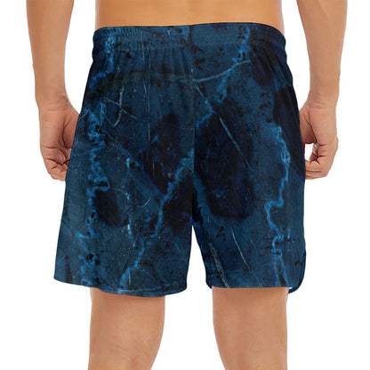 Dark Blue Marble Print Men's Split Running Shorts