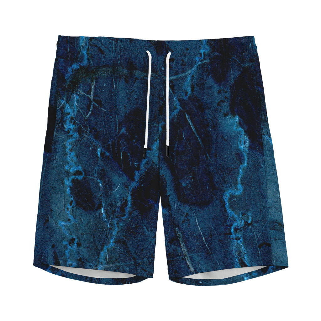 Dark Blue Marble Print Men's Sports Shorts