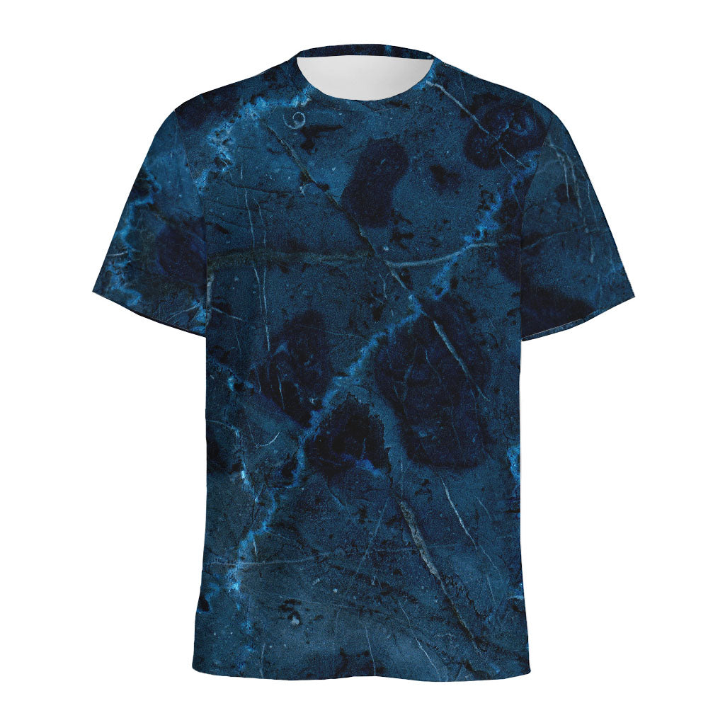 Dark Blue Marble Print Men's Sports T-Shirt